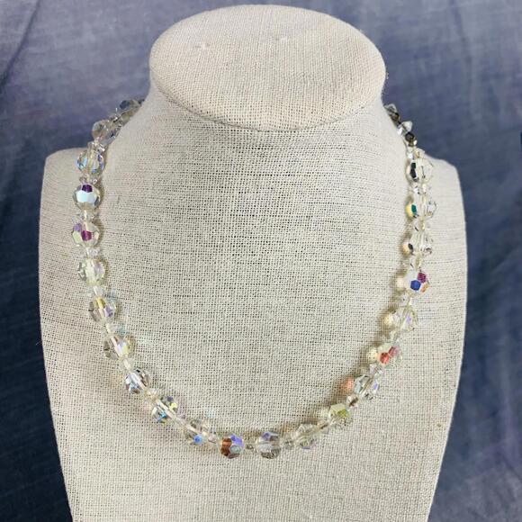 Vintage 1950s Mid Century Choker Necklace Clear Crystal Beads Adjustable Length - Picture 1 of 8